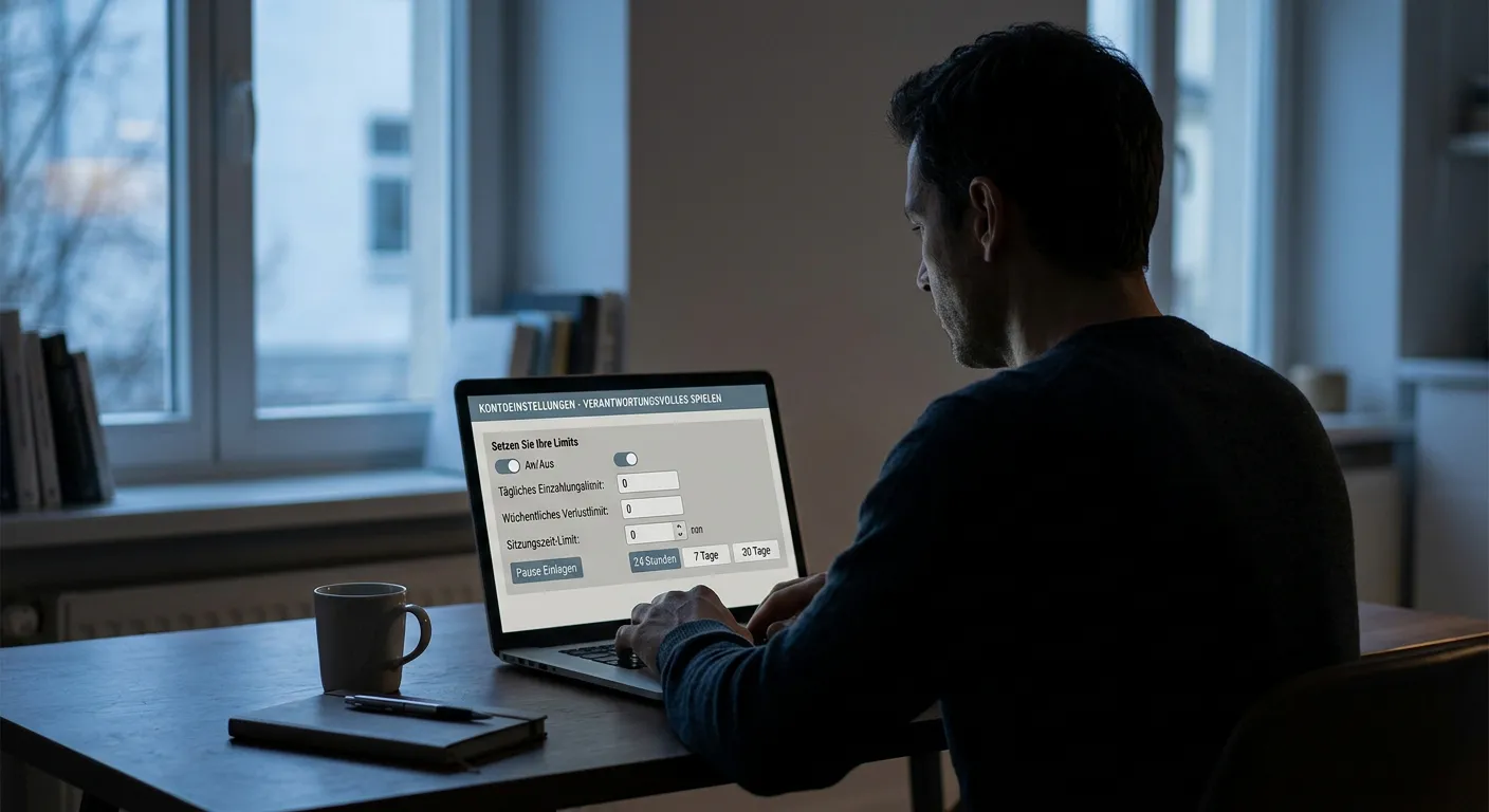Person am Schreibtisch stellt am Laptop Einzahlungs- und Zeitlimits ein