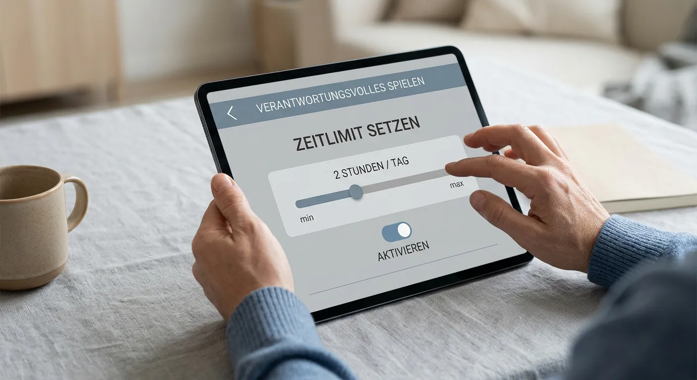 Hände stellen am Tablet ein Zeitlimit fürs Wetten ein