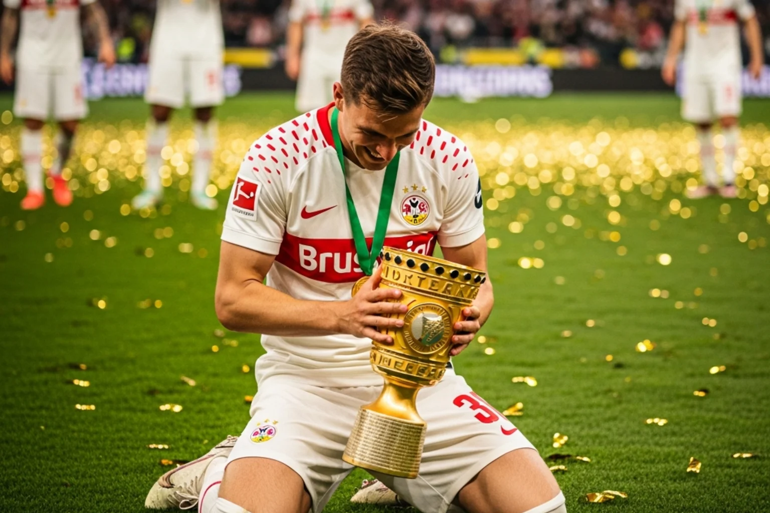 Fußballspieler in weißem Trikot mit rotem Brustring feiert mit dem DFB-Pokal auf dem Rasen