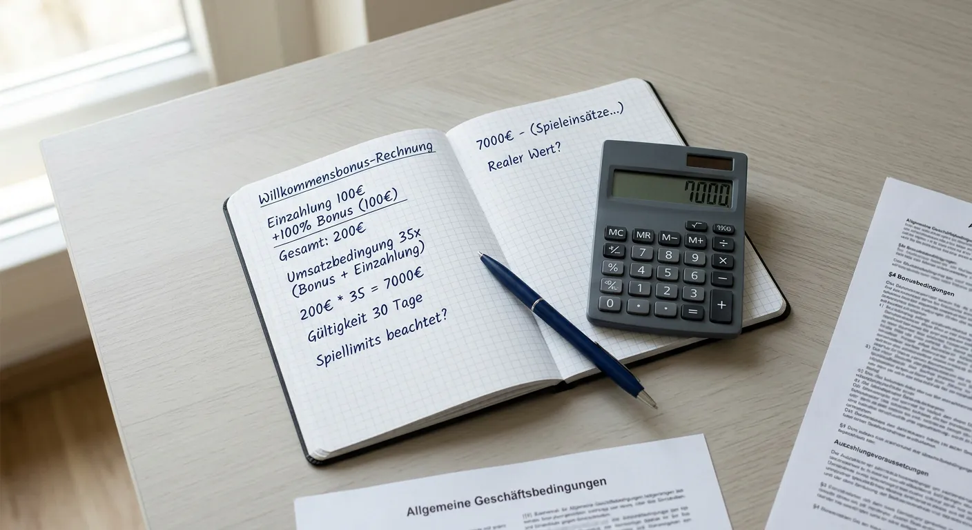 Taschenrechner und Notizblock mit Berechnungen zu Bonusbedingungen
