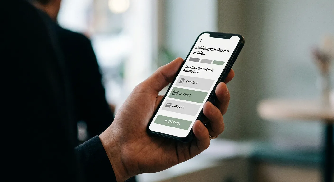 Smartphone zeigt Zahlungsoptionen in neutraler App-Oberfläche