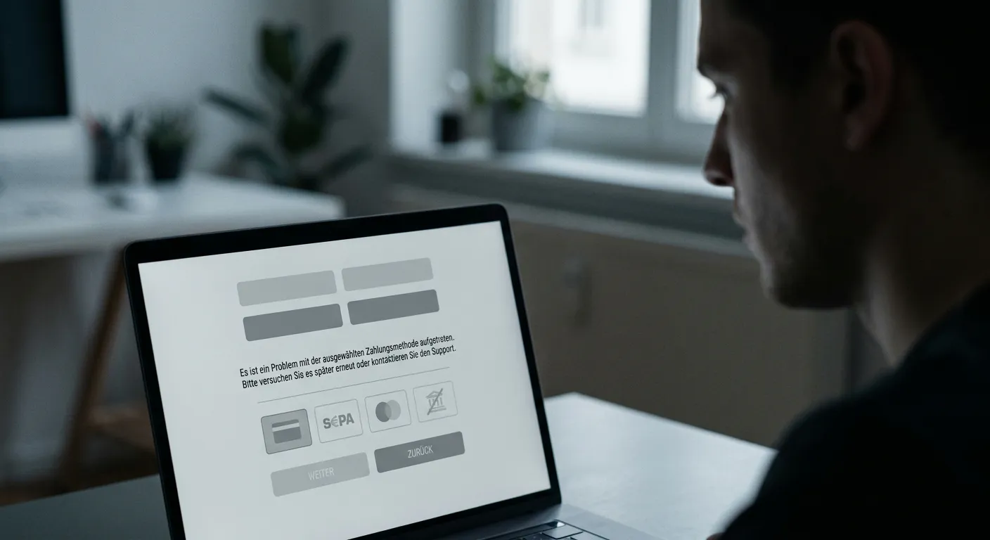 Laptop zeigt Zahlungsbildschirm mit eingeschränkten Optionen