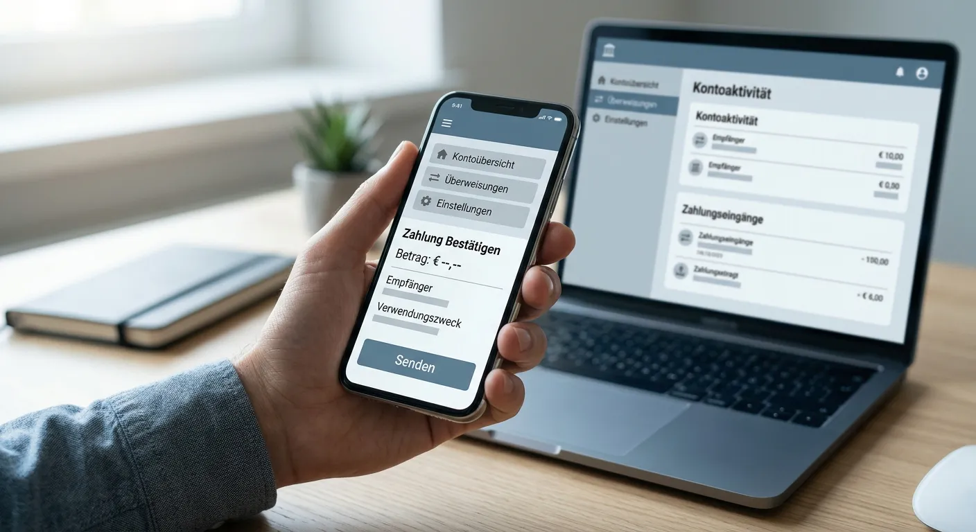 Smartphone mit Zahlungs-App neben Laptop mit Banking-Oberfläche