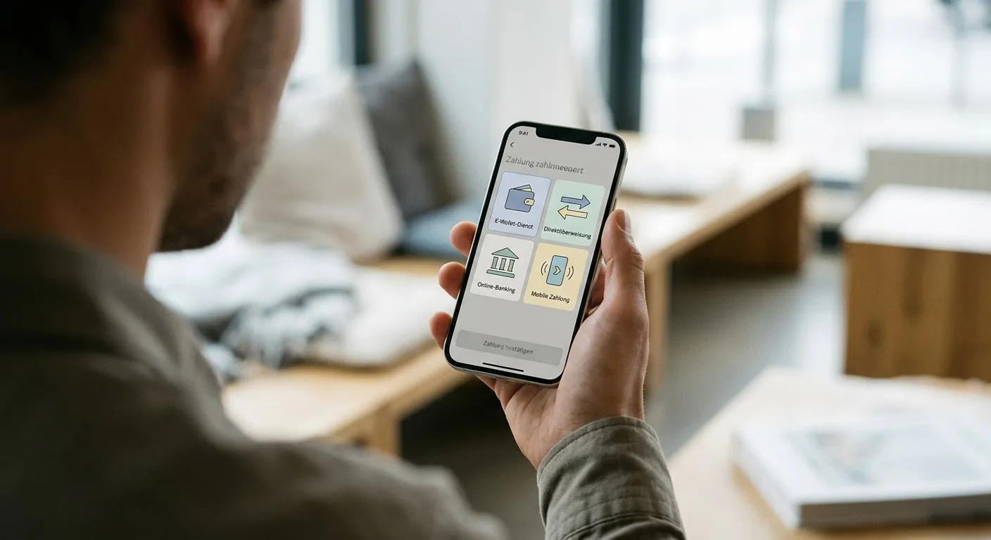Auswahl digitaler Zahlungsmethoden auf Smartphone-Interface