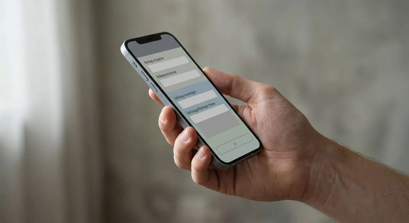Hand am Smartphone während Zahlungsvorgang mit neutraler Oberfläche